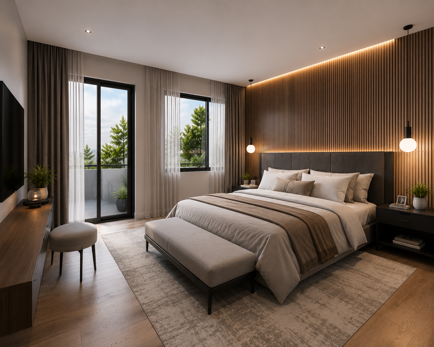 Luxury villa bedroom with tropical resort views